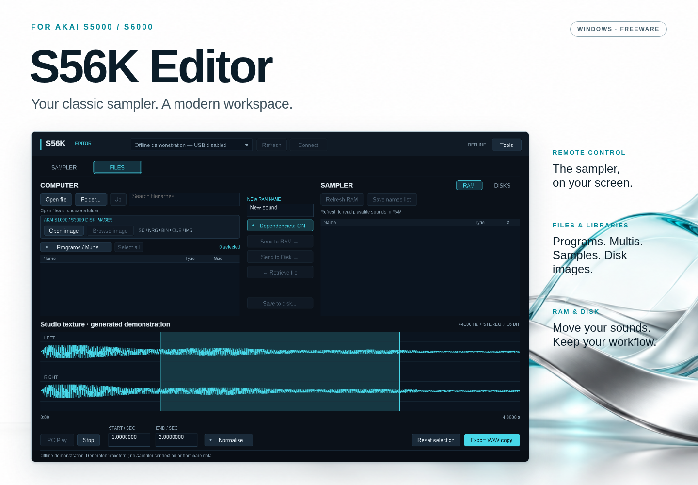 S56K Editor for AKAI S5000 and S6000, with its Files workspace and waveform display.